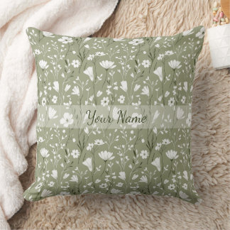 Boho Sage Green Floral Wildflowers Personalized Kissen