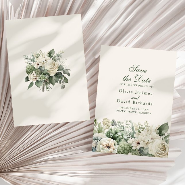Boho Sage Green & Ivory Blume Save the Date Karte (Boho Sage Green & Ivory Flowers Save The Date Card on a sunny white dry palm leaf.)