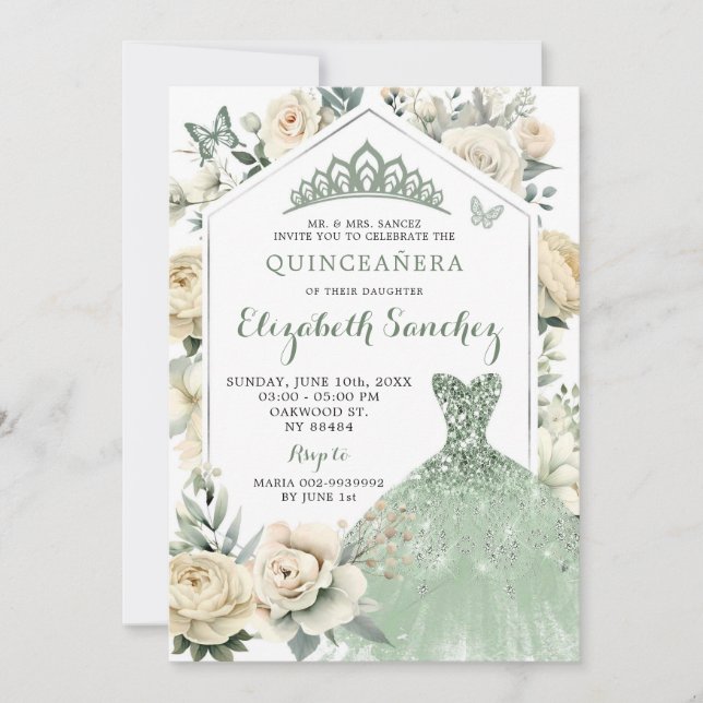 Boho Sage Green Ivory Quinceañera Royale Einladung (Vorderseite)