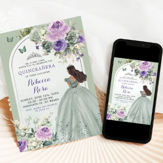 Boho Sage Green Lavender Floral Quinceañera Einladung