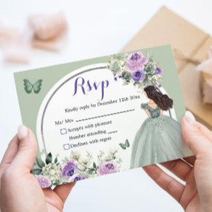 Boho Sage Green Lilac Floral Princess XV Años UAWG RSVP Karte