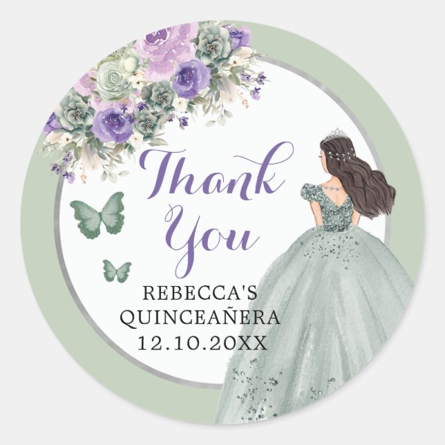 Boho Sage Green Lilac Girl Floral Quinceañera Runder Aufkleber (Vorderseite)