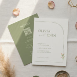 Boho Sage Green & Linen Minimalist w Details & QR Einladung