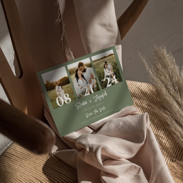 Boho Sage Green Moderne Drei Fotos Hochzeit Save The Date (Von Creator hochgeladen)