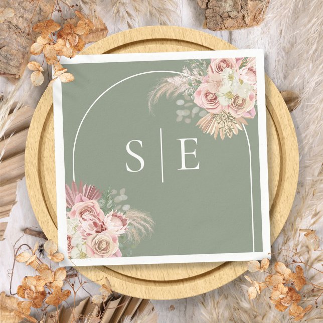 Boho Sage Green Pampas Grass Arch Monogram Napkins Serviette (Boho Sage Green Pampas Grass Arch Monogram Napkins)