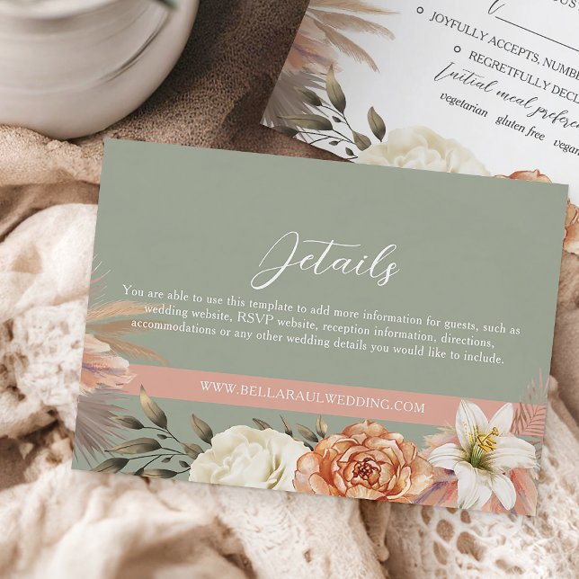 Boho Sage Green Peach Floral Wedding Details Card Begleitkarte (Von Creator hochgeladen)