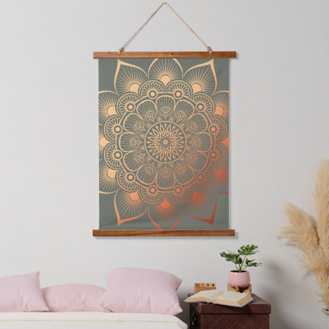 Boho Sage Green Peach Mandala Wood Topped Wandteppich Mit Holzrahmen (Schlafzimmer)