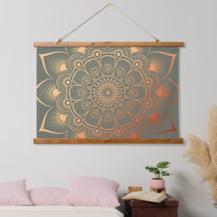Boho Sage Green Peach Mandala Wood Topped Wandteppich Mit Holzrahmen