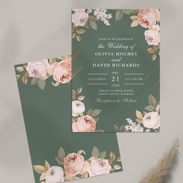 Boho Sage Green Peonies Hochzeitseinladung Einladung (Boho Sage Green Peonies Wedding Invitation on table)
