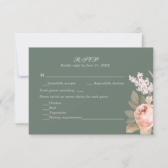 Boho Sage Green Peonies Wedding RSVP Card (Vorderseite)