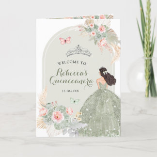 Boho Sage Green Pink 15 Años Programmvorlage Einladung