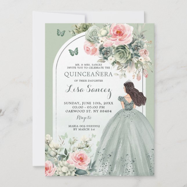 Boho Sage Green Pink Floral Prinzessin Quinceañera Einladung (Vorderseite)