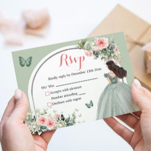Boho Sage Green Pink Floral Prinzessin XV Años RSVP Karte