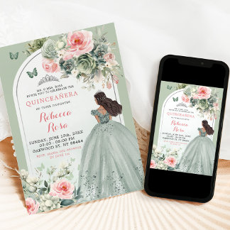 Boho Sage Green Pink Floral Quinceañera Einladung