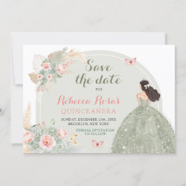 Boho Sage Green Pink Quinceañera Save the Date Einladung