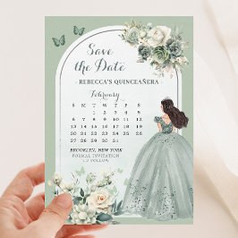 Boho Sage Green Quinceañera Kalender Save the Date Einladung
