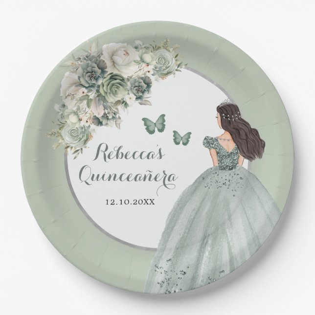 Boho Sage Green Royal Princess Girl Sweet 16 Años Pappteller (Vorderseite)
