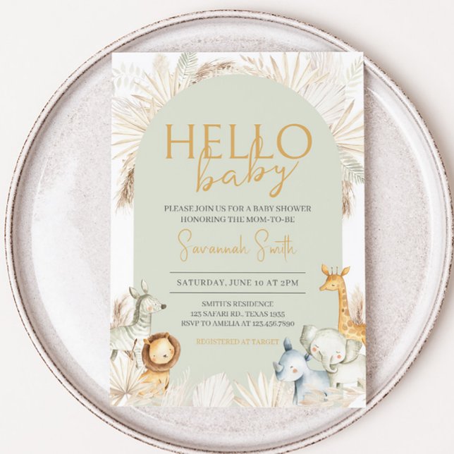 Boho Sage Green Safari Baby Dusche Einladung (Hello Baby Safari Baby Shower Invitation)