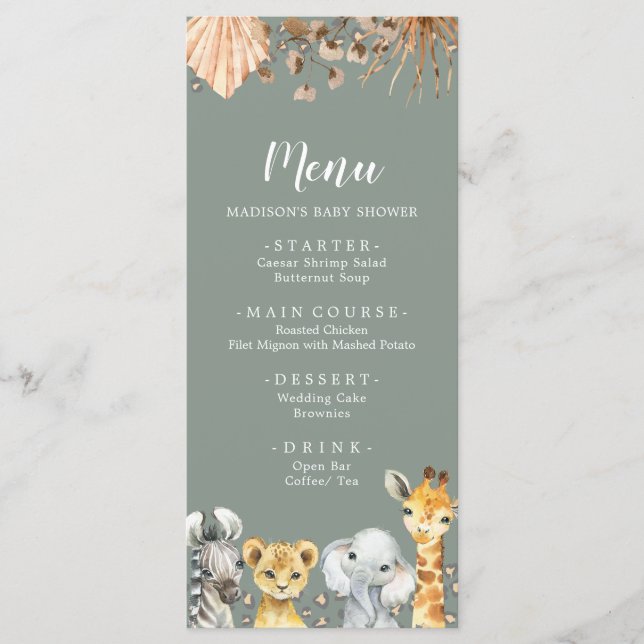 Boho Sage Green Safari Oh Boy Baby Showmenü Menükarte (Vorderseite)