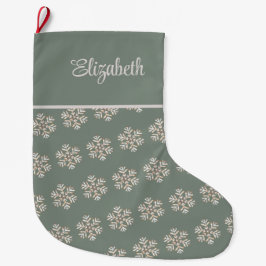 Boho Sage Green Snowflakes Individuelle Name Weihn Großer Weihnachtsstrumpf