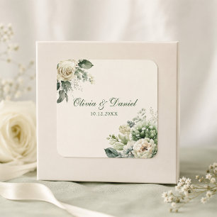 Boho Sage Green und Elfenbein Blume Hochzeit Quadratischer Aufkleber