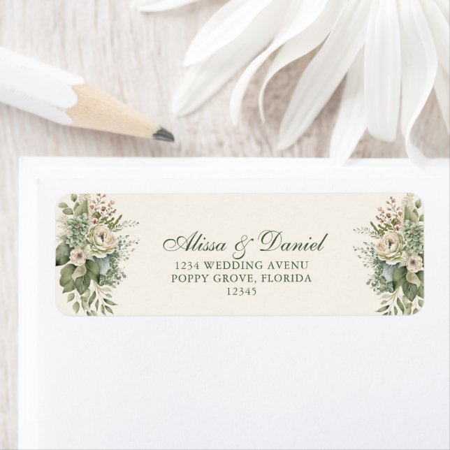 Boho Sage Green und Elfenbein-Blume Hochzeitsadres (Insitu)