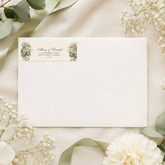 Boho Sage Green und Elfenbein-Blume Hochzeitsadres (Boho Sage Green and Ivory Flowers Wedding Address Label with flowers)