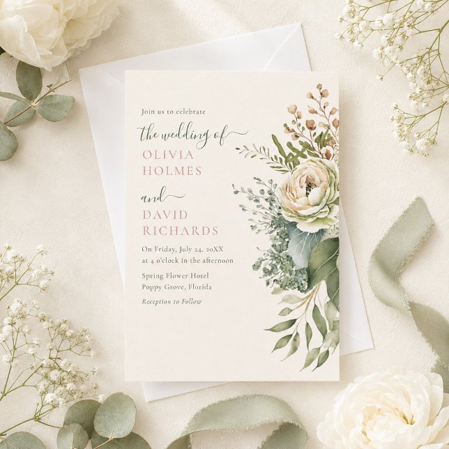 Boho Sage Green und Elfenbein Widlblumen Hochzeit Einladung (Boho Sage Green and Ivory Widlflowers Wedding Invitation on a table with white flowers and ribbons)