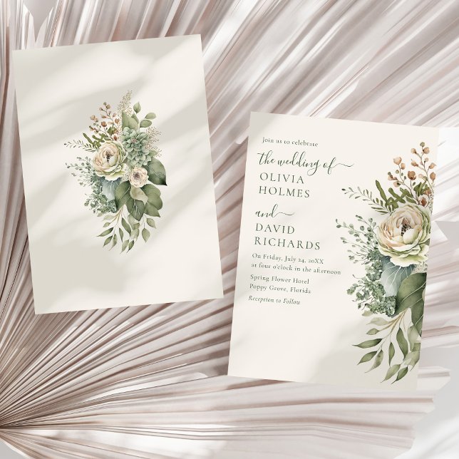 Boho Sage Green und Elfenbein Widlblumen Hochzeit Einladung (Boho Sage Green and Ivory Widlflowers Wedding Invitation on a sunny white dry palm leaf.)