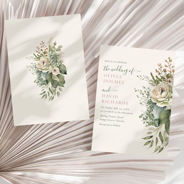 Boho Sage Green und Elfenbein Widlblumen Hochzeit Einladung (Boho Sage Green and Ivory Widlflowers Wedding Invitation on a sunny dry palm leaf.)