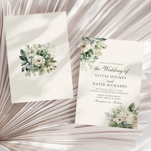 Boho Sage Green und Elfenbeinflorale Hochzeit Einladung (Boho Sage Green and Ivory Floral Wedding Invitation on a sunny white dry palm leaf.)