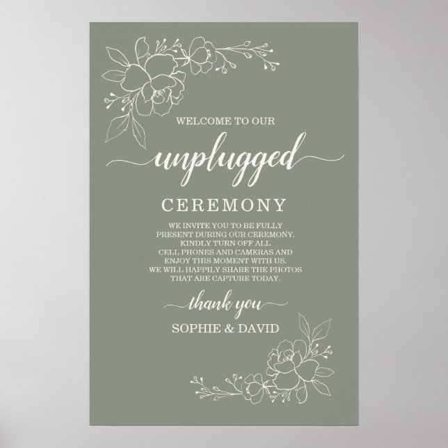 Boho Sage Green Unplugged Wedding Ceremony Sign Poster (Vorne)