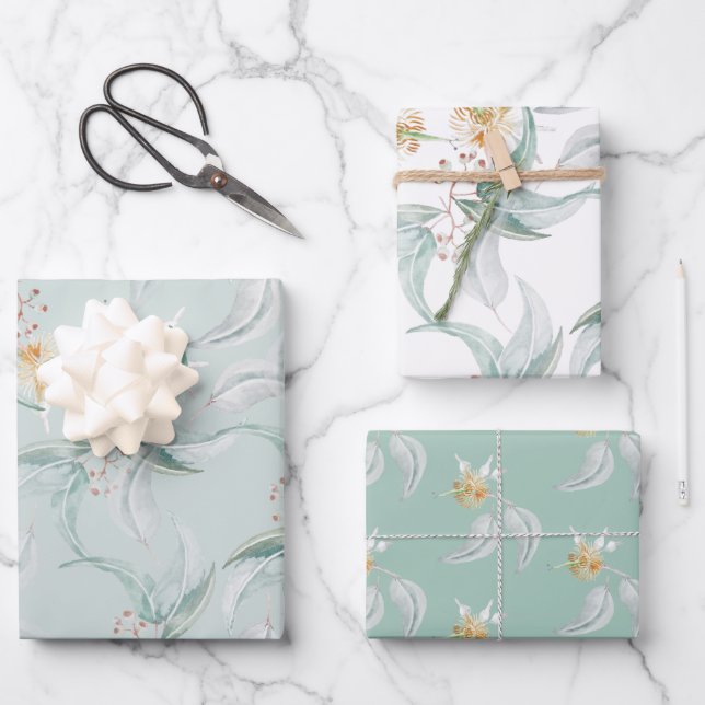 Boho Sage Green Watercolor Blühen Eukalyptus Geschenkpapier Set (Vorderseite)