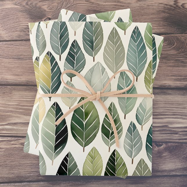 Boho Sage Green Watercolor Leaf Muster Geschenkpapier Set (Von Creator hochgeladen)