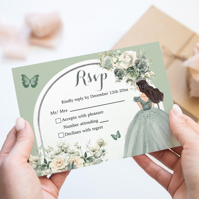 Boho Sage Green White Roses Prinzessin XV Años Ant RSVP Karte (Von Creator hochgeladen)