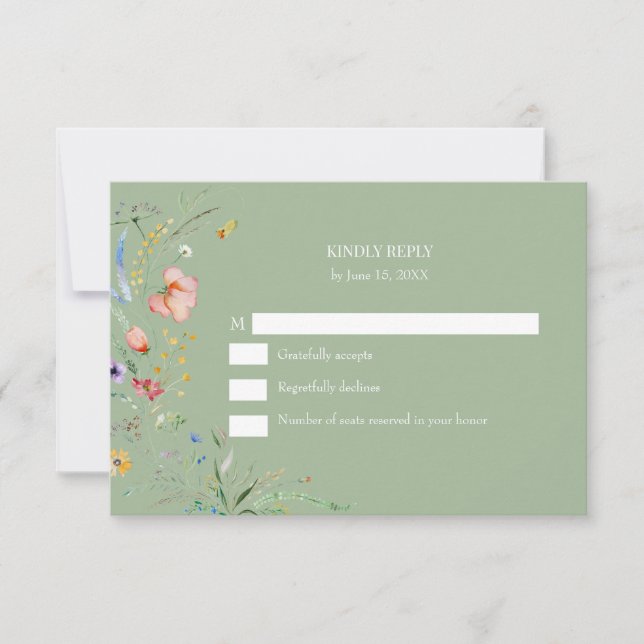 Boho Sage Green Wildblume Wedding RSVP Card Karte (Vorderseite)