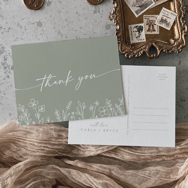 Boho Sage Green Wildflower Wedding Thank You Postkarte (Von Creator hochgeladen)