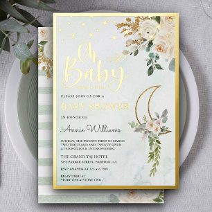 Boho Sage Grün Elfenbein Floral Mond Babyparty Gol Folieneinladung