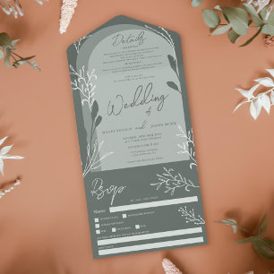 Boho-Sage-Grün Foto Floral Rustikaler Bogen Hochze All In One Einladung