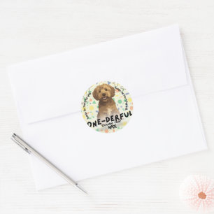 Boho Sage Grün Goldendoodle Erste Geburtstagsfeier Runder Aufkleber