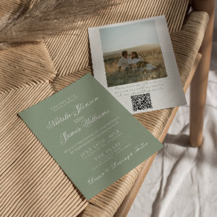 Boho Sage Grün Moderner QR-Code Foto-Hochzeit Einladung