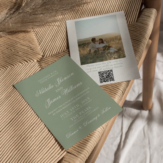 Boho Sage Grün Moderner QR-Code Foto-Hochzeit Einladung (Von Creator hochgeladen)