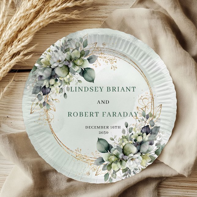 Boho-Sage-Grün personalisierte Eukalyptus-Hochzeit Pappteller (Boho Sage Green Personalized Eucalyptus Wedding Paper Plates)