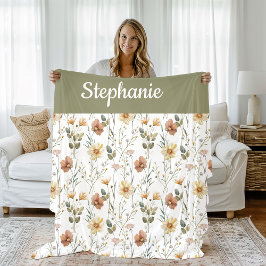 Boho-Sage-Grün-Wasserfarbe-Wildblumen-Monogramm Fleecedecke