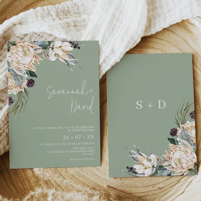Boho Sage White Protea Pampas Grass Wedding Einladung (White king protea wedding invitation with large floral arrangement on a sage colored background.)