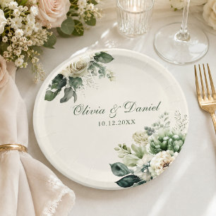 Boho-Sagegrün- und Elfenblumen-Hochzeit Pappteller