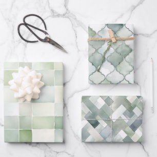 Boho-Sagegrün-Wasserfarbe-Geometrische Muster Geschenkpapier Set