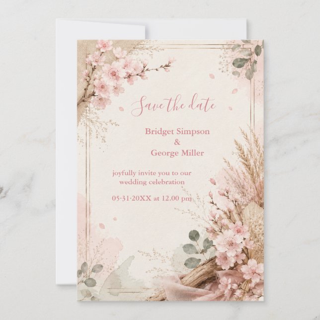 Boho Sakura Rustikale Hochzeitsblüten Einladung (Vorderseite)