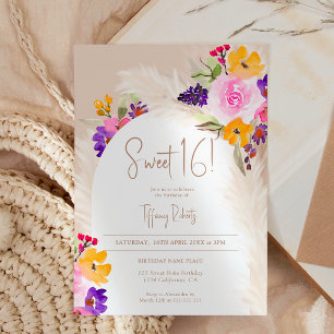 Boho Sand Blumenpampas Wüstenbogen Sweet 16 Einladung