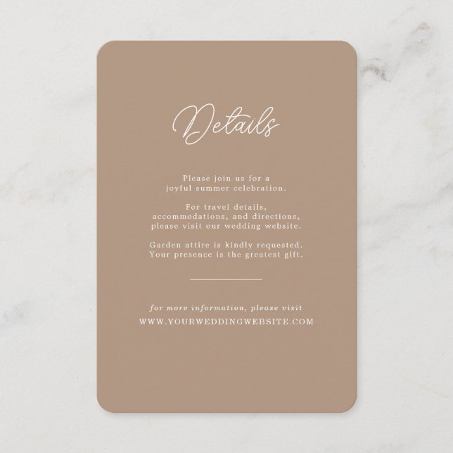 Boho-Sand-Minimalist-Script-Hochzeits-Detailskarte Begleitkarte (Vorderseite)